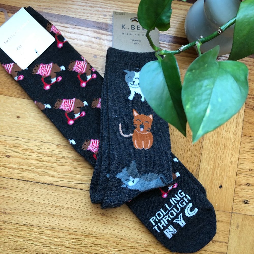 American Eagle K Bell Animal Print Brown Bear NYC Cats Gray Knee High Crew Socks